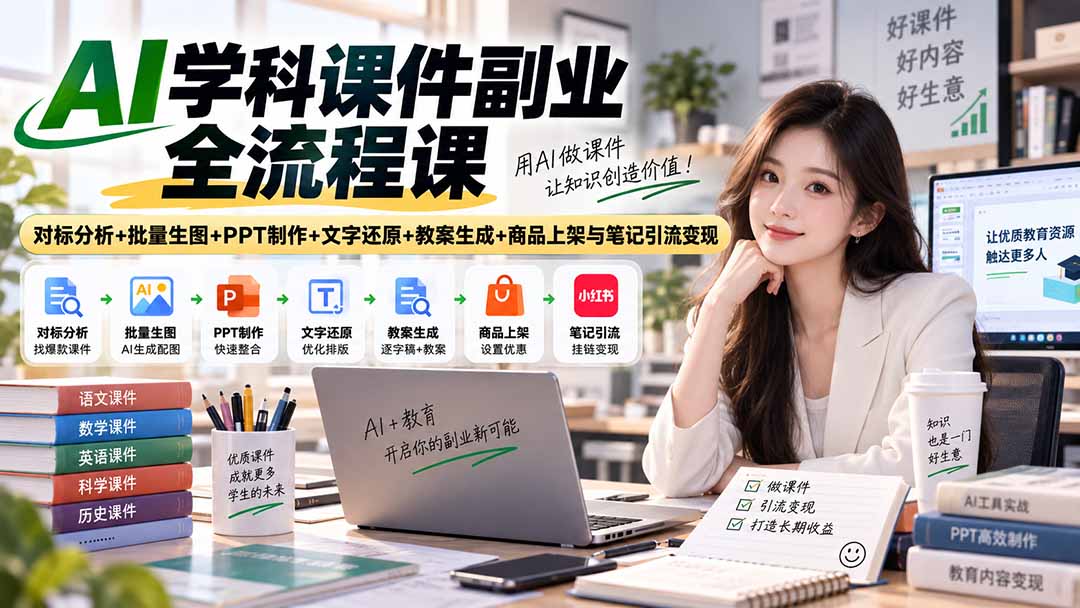AI学科课件副业全流程课｜对标分析+批量生图+PPT制作+文字还原+教案生成+商品上架与笔记引流变现-藏宝阁