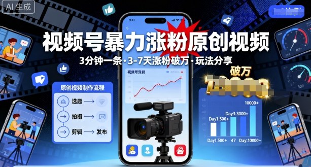 视频号暴力涨粉原创视频，3分钟一条原创视频，3-7天涨粉破万，玩法分享给你-藏宝阁