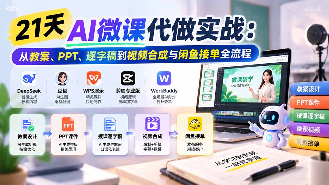21天AI微课代做实战：从教案、PPT、逐字稿到视频合成与闲鱼接单全流程-藏宝阁