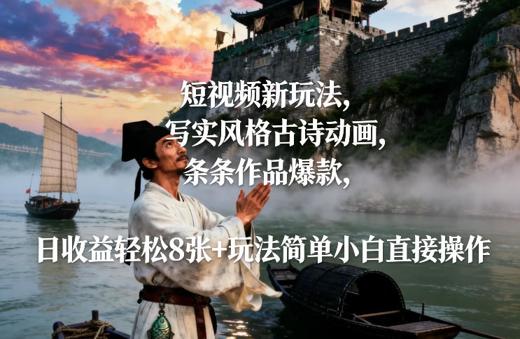 短视频新玩法，写实风格古诗动画，条条作品爆款，日收益轻松8张+玩法简单小白直接操作-藏宝阁