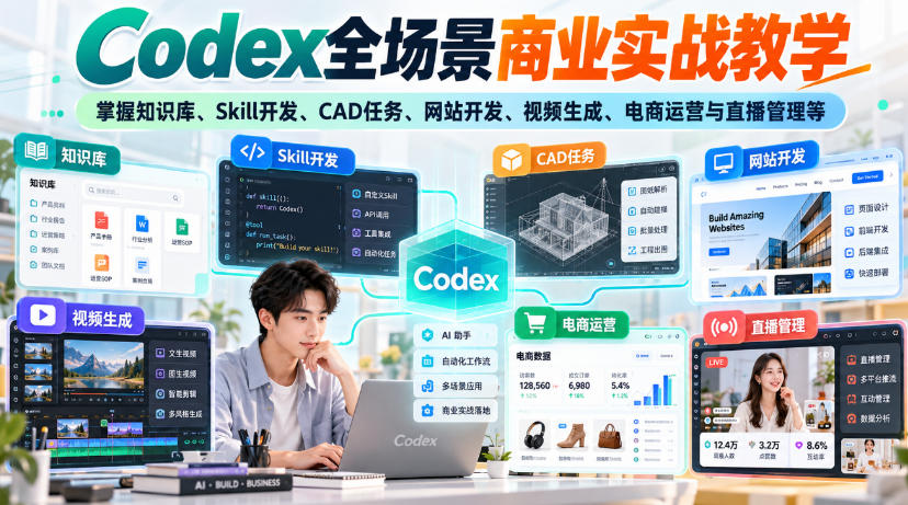 Codex全场景商业实战教学，掌握知识库、Skill开发、CAD任务、网站开发、视频生成、电商运营与直播管理等(更新1010)-藏宝阁