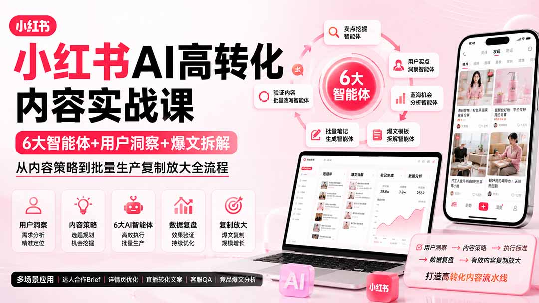 小红书AI高转化内容实战课：6大智能体+用户洞察+爆文拆解，从内容策略到批量生产复制放大全流程-藏宝阁