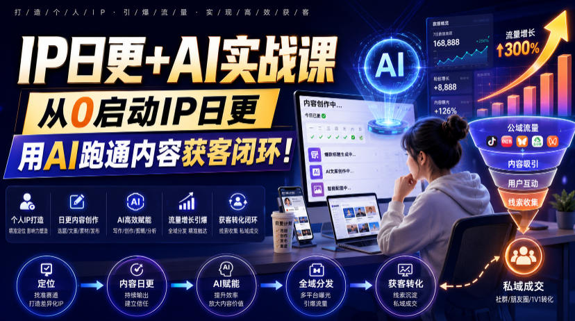 IP日更+AI实战课，从0启动IP日更，IP置顶视频制作+100条选题库搭建+10条日更规划，用AI跑通内容获客闭环!-藏宝阁