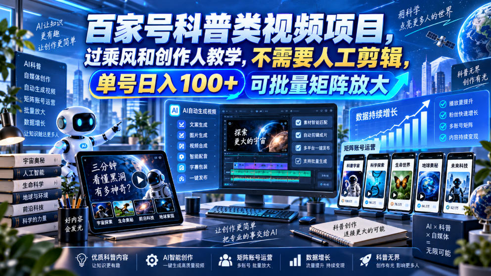 百家号科普类视频项目，过乘风和创作人教学，不需要人工剪辑，单号日入100+可批量矩阵放大-藏宝阁