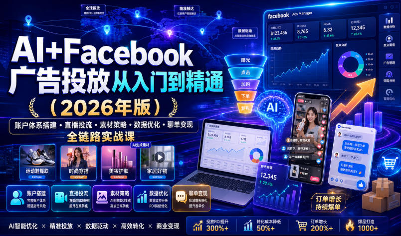 AI+Facebook广告投放从入门到精通(2026年版)｜账户体系搭建・直播投流・素材策略・数据优化・聊单变现全链路实战课-藏宝阁