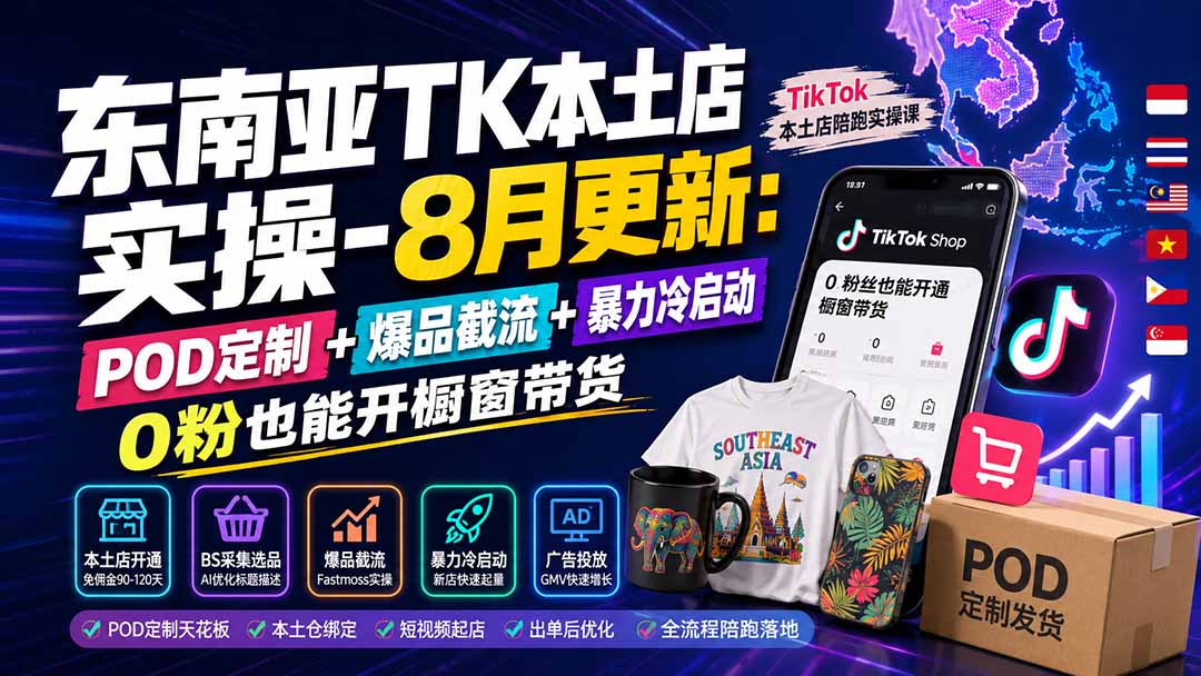 东南亚TK本土店实操-8月更新：POD定制+爆品截流+暴力冷启动，0粉也能开橱窗带货-藏宝阁