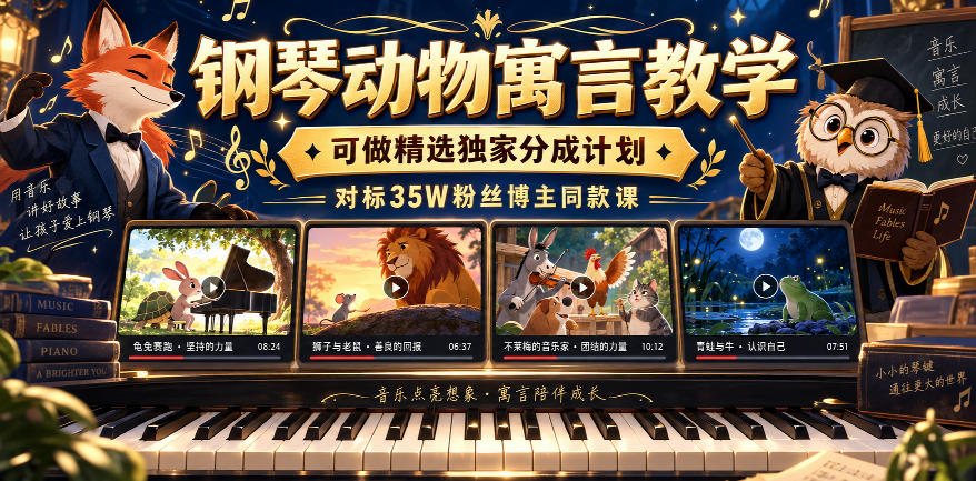 钢琴动物寓言教学，可做精选独家分成计划，对标35W粉丝博主同款课-藏宝阁