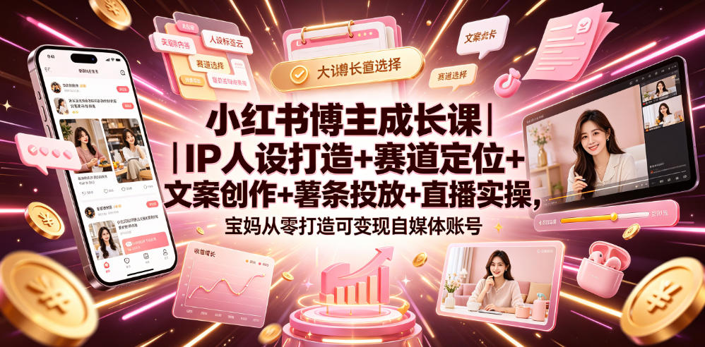 小红书博主成长课｜IP人设打造+赛道定位+文案创作+薯条投放+直播实操，宝妈从零打造可变现自媒体账号-藏宝阁