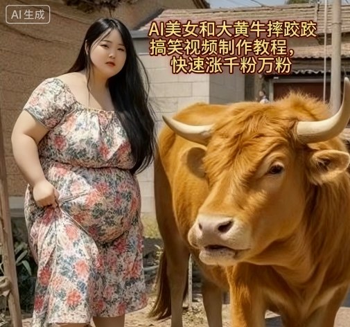 AI美女和大黄牛摔跤搞笑荒诞视频制作教程，快速涨千粉万粉-藏宝阁