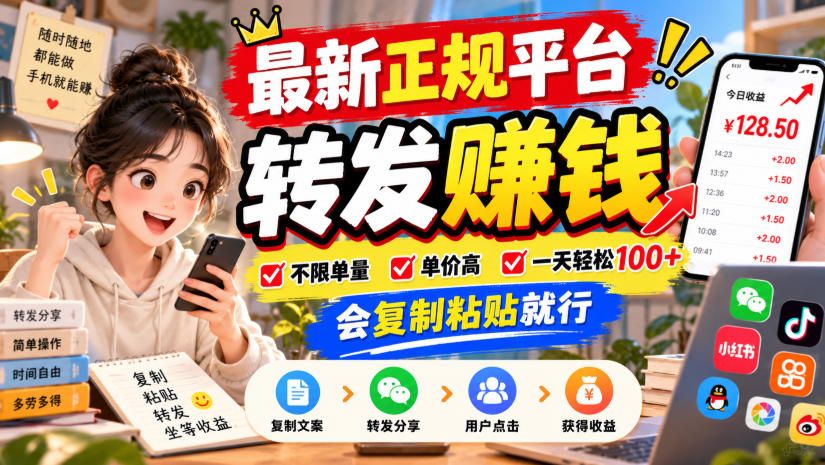 最新正规平台，转发賺钱，不限单量，单价高，一天轻松100+，会复制粘贴就行【揭秘】-藏宝阁