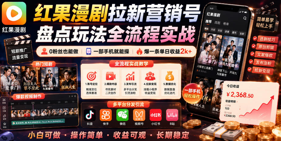 红果漫剧拉新营销号盘点玩法全流程实战，0粉丝也能做，一部手机就能做，爆一条单日收益2k+(更新0628)-藏宝阁