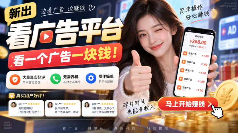 新出看广告平台，看一个广告一块钱，大量真实好评！无需养机、不会黑号，操作简单【揭秘】-藏宝阁