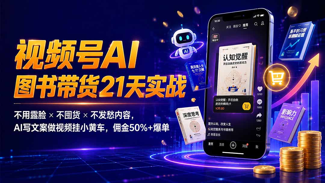 繁花视频号AI图书带货21天实战：不用露脸×不囤货×不发愁内容，AI写文案做视频挂小黄车，佣金50%+爆单-藏宝阁
