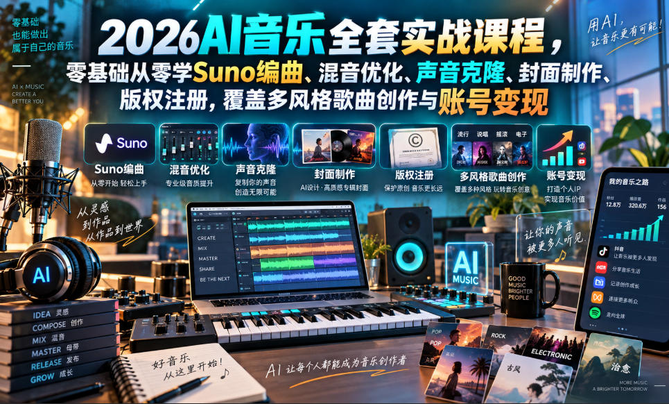 2026AI音乐实战课程，零基础从零学Suno编曲、混音优化、声音克隆、版权注册，覆盖多风格歌曲创作与账号变现-藏宝阁
