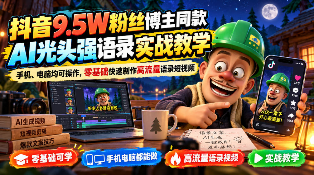 抖音9.5W粉丝博主同款AI光头强语录实战教学，手机、电脑均可操作，零基础快速制作高流量语录短视频-藏宝阁