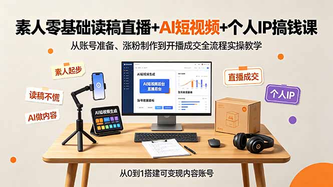 素人零基础读稿直播+AI短视频+个人IP搞钱课，从账号准备、涨粉制作到开播成交全流程实操教学-藏宝阁