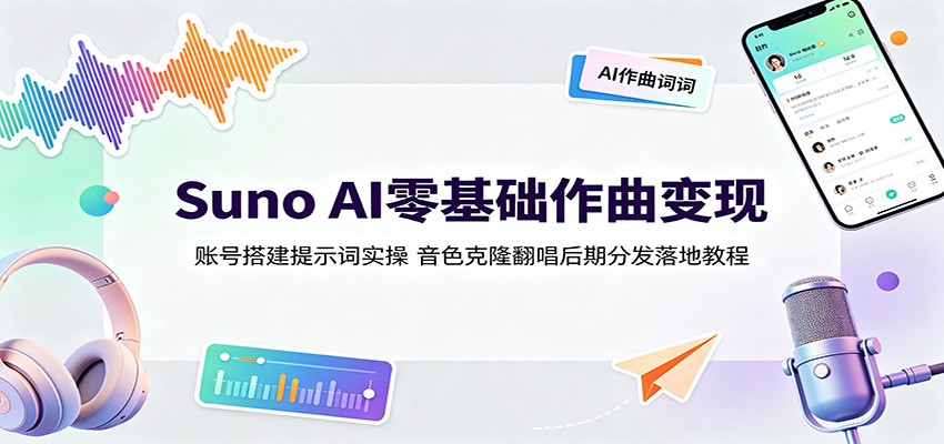 Suno AI零基础作曲变现：账号搭建提示词实操，音色克隆翻唱后期分发落地教程-藏宝阁