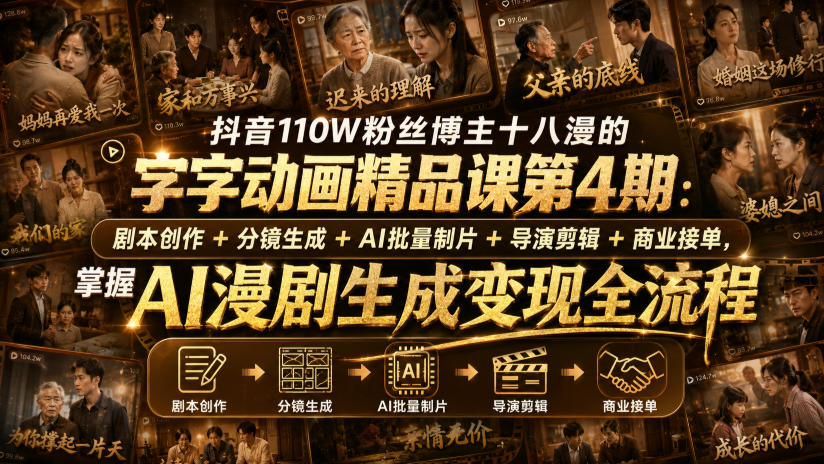 抖音110W粉丝博主十八漫的字字动画精品课第4期：剧本创作+分镜生成+剪辑+商业接单，掌握AI漫剧生成变现全流程-藏宝阁