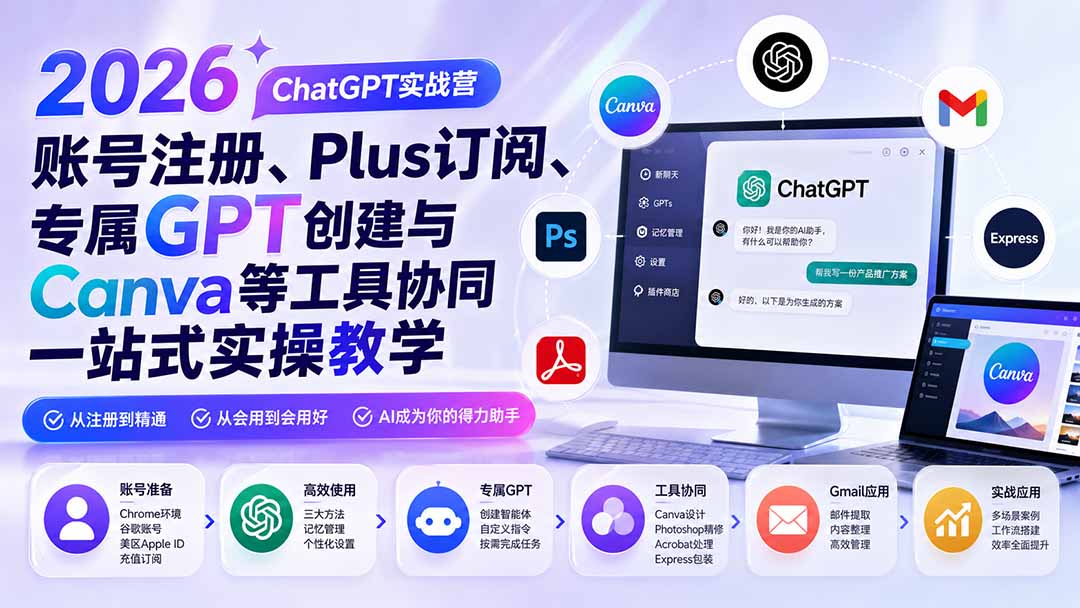 2026 ChatGPT实战营；账号注册、Plus订阅、专属GPT创建与Canva等工具协同一站式实操教学-藏宝阁