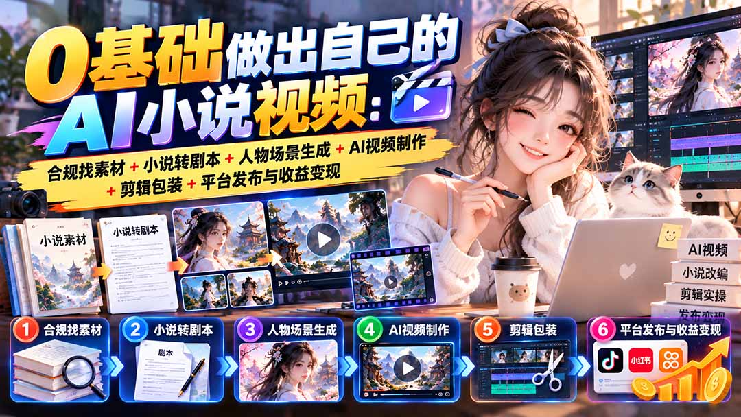 0基础做出自己的AI小说视频：合规找素材+小说转剧本+人物场景生成+AI视频制作+剪辑包装+平台发布与收益变现-藏宝阁