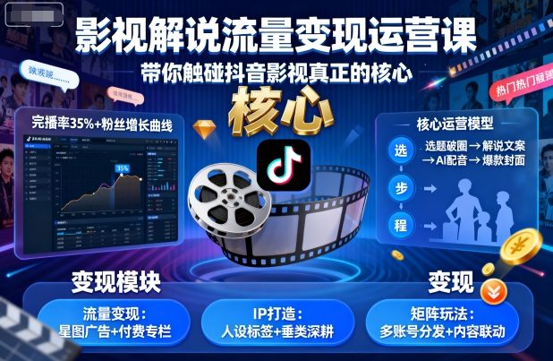 影视解说流量变现运营课，带你触碰抖音影视真正的核心-藏宝阁