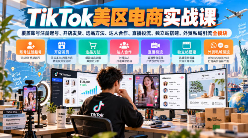 TikTok美区电商实战课，覆盖账号注册起号、开店发货、选品方法、达人合作、直播投流、独立站搭建、外贸私域引流全模块-藏宝阁