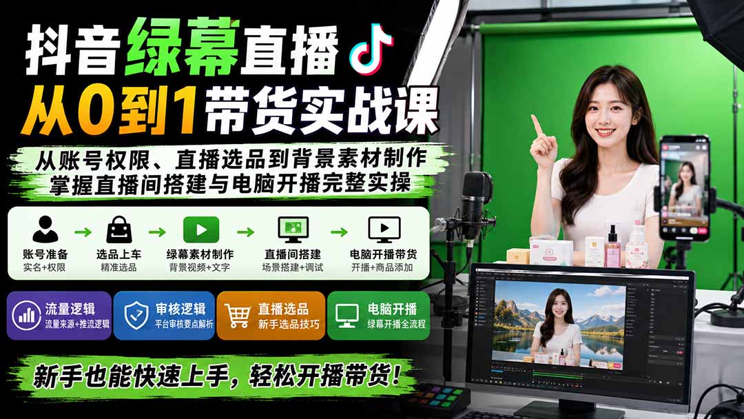 抖音绿幕直播从0到1带货实战课：从账号权限、直播选品到背景素材制作，掌握直播间搭建与电脑开播完整实操-藏宝阁