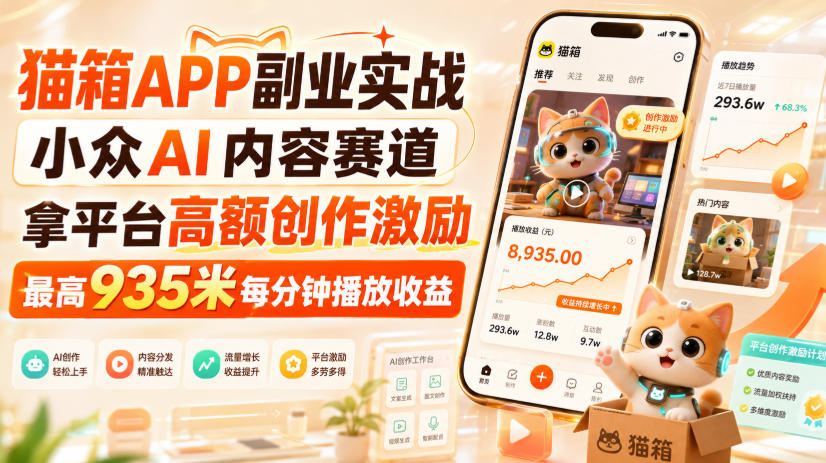 猫箱APP副业实战，小众AI内容赛道，拿平台高额创作激励，最高935米每分钟播放收益-藏宝阁