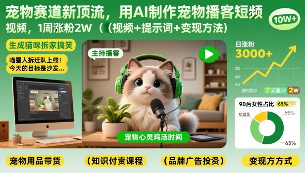 宠物赛道新顶流，用AI制作宠物播客短视频，1周涨粉2W(视频+提示词+变现方法)-藏宝阁