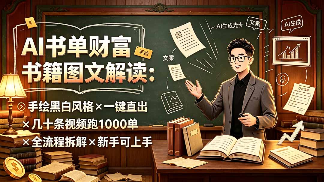 AI书单财富书籍图文解读：手绘黑白风格×一键直出×几十条视频跑1000单×全流程拆解×新手可上手-藏宝阁