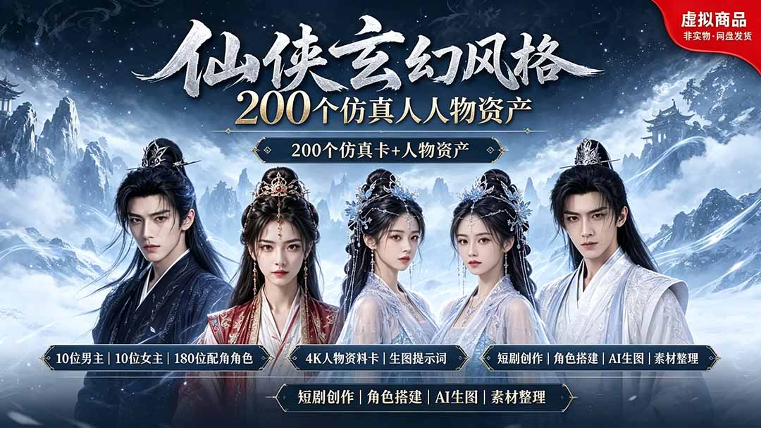 200个仙侠玄幻仿真人素材◆10男主×10女主×180配角，4K资料卡+AI生图提示词，漫剧必备-藏宝阁