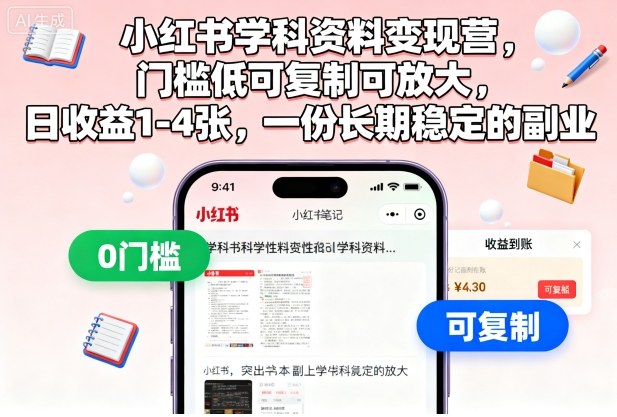 小红书学科资料变现营，门槛低可复制可放大，日收益1-4张，一份长期稳定的副业-藏宝阁