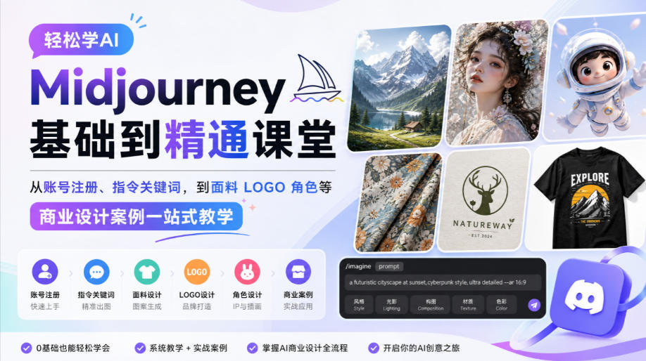 轻松学AI Midjourney基础到精通课堂，从账号注册、指令关键词，到面料LOGO角色等商业设计案例一站式教学-藏宝阁