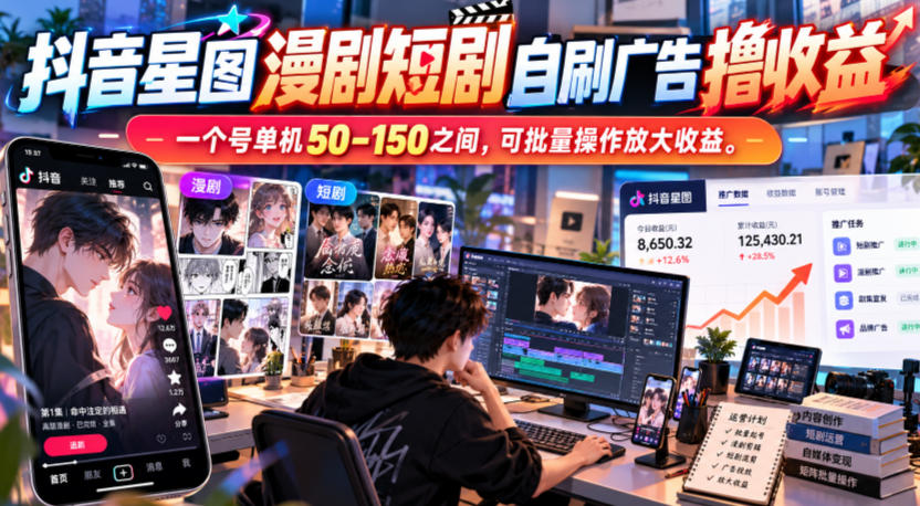 抖音星图漫剧短剧自刷广告撸收益，一个号单机50-150之间，可批量操作放大收益-藏宝阁