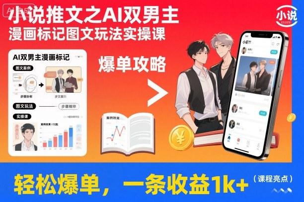 小说推文之AI双男主漫画标记图文玩法实操课，轻松爆单，一条收益1k+-藏宝阁