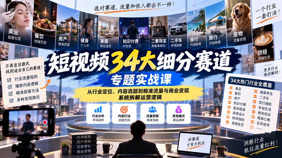 短视频34大细分赛道专题实战课：从行业定位、内容选题到精准流量与商业变现，系统拆解运营逻辑-藏宝阁