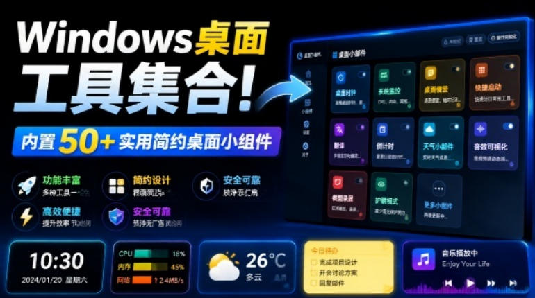 Windows桌面工具集合！内置50+实用简约桌面小组件，含截图、录屏、翻译、天气等，多秘工具箱-藏宝阁