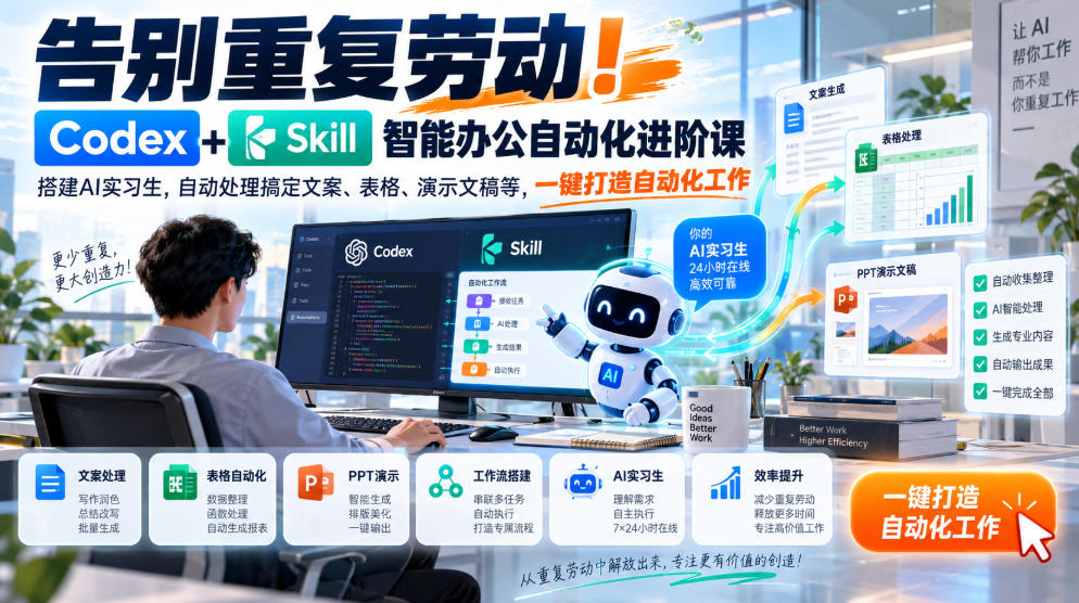 告别重复劳动！Codex+Skill智能办公自动化进阶课｜搭建AI实习生，自动处理搞定文案、表格、演示文稿等，一键打造自动化工作-藏宝阁