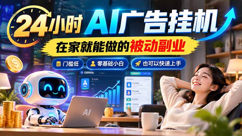 24小时AI广告挂机｜在家就能做的被动副业，门槛低，零基础小白也可以快速上手-藏宝阁