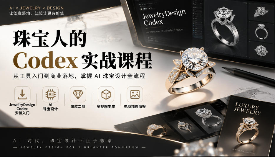 珠宝人的Codex实战课程｜JewelryDesign Codex安装入门、AI珠宝设计、爆款二创、多视图生成、电商精修海报全链路教学-藏宝阁
