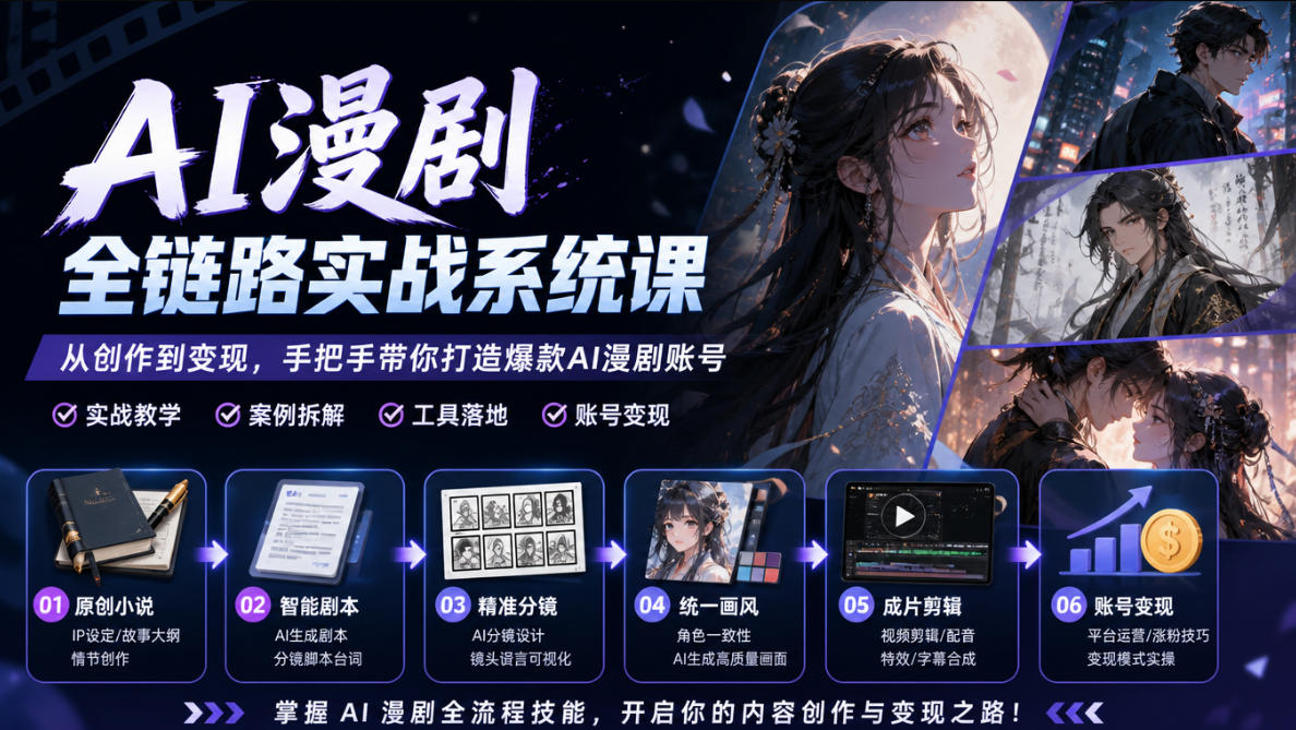 AI漫剧全链路实战系统课｜原创小说、智能剧本、精准分镜、统一画风、成片剪辑、账号变现实操教学-藏宝阁