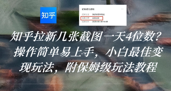 知乎拉新几张截图一天4位数？操作简单易上手，小白最佳变现玩法，附保姆级玩法教程-藏宝阁