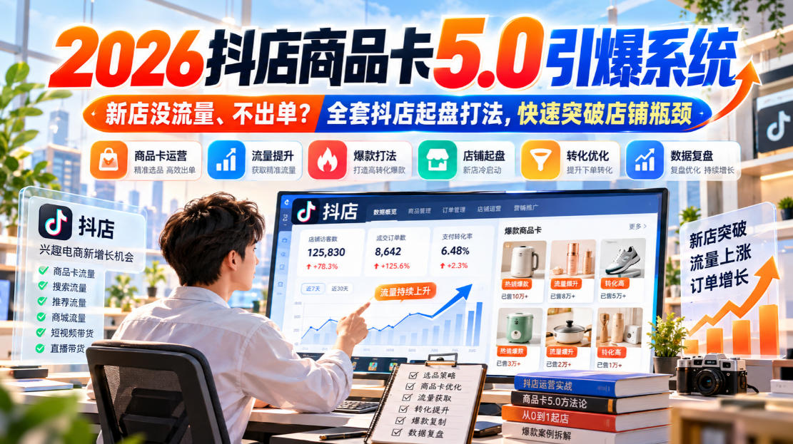 2026抖店商品卡5.0引爆店铺流量，新店没流量、不出单？全套抖店起盘打法，快速突破店铺瓶颈-藏宝阁