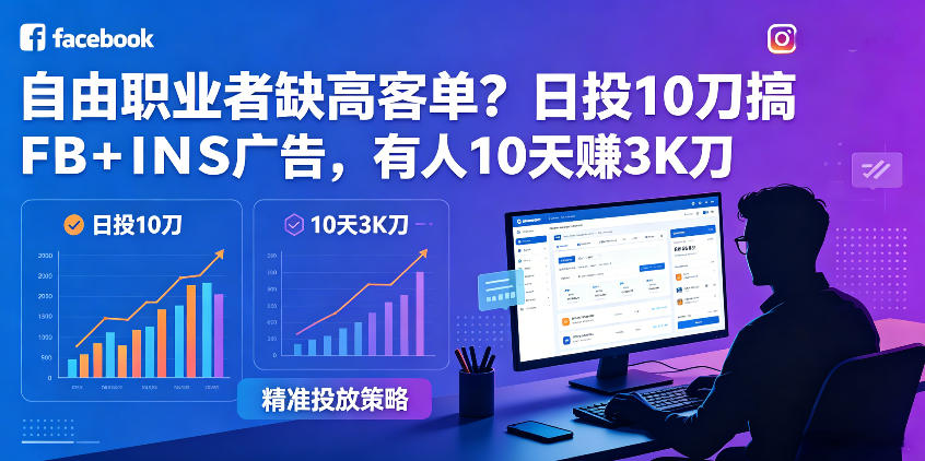 自由职业者缺高客单？日投10刀搞FB+INS广告，有人10天赚3K刀！【原创双语字幕】-藏宝阁