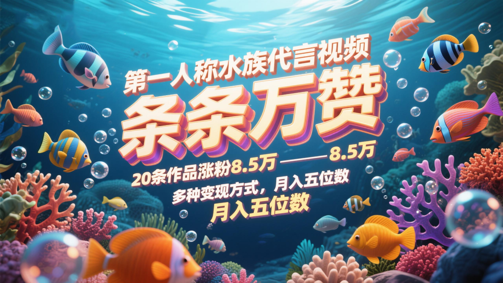 第一人称水族代言视频，条条万赞，20条作品涨粉8.5万，多种变现方式月，入五位数-藏宝阁