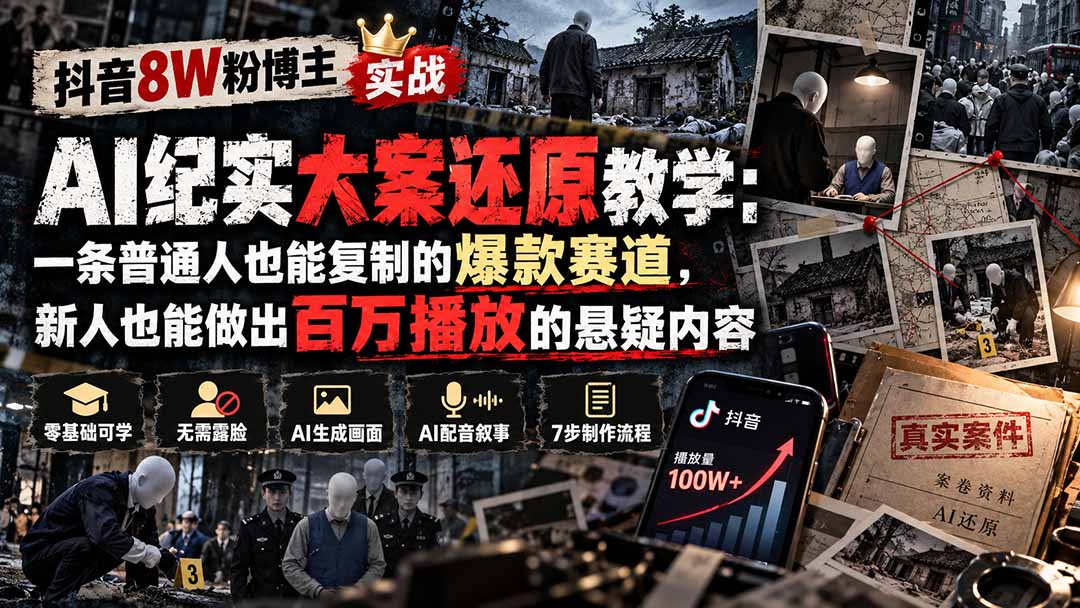 抖音8W粉博主AI纪实大案还原教学：一条普通人也能复制的爆款赛道，新人也能做出百万播放的悬疑内容-藏宝阁