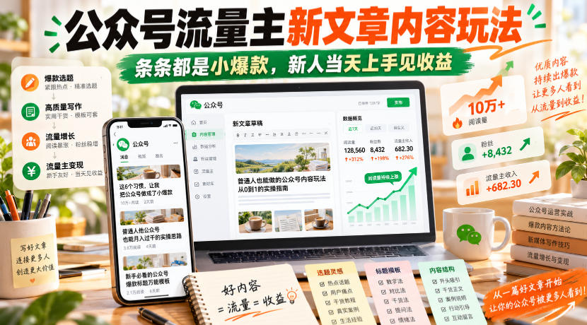 公众号流量主新文章内容玩法，条条都是小爆款，新人当天上手见收益-藏宝阁