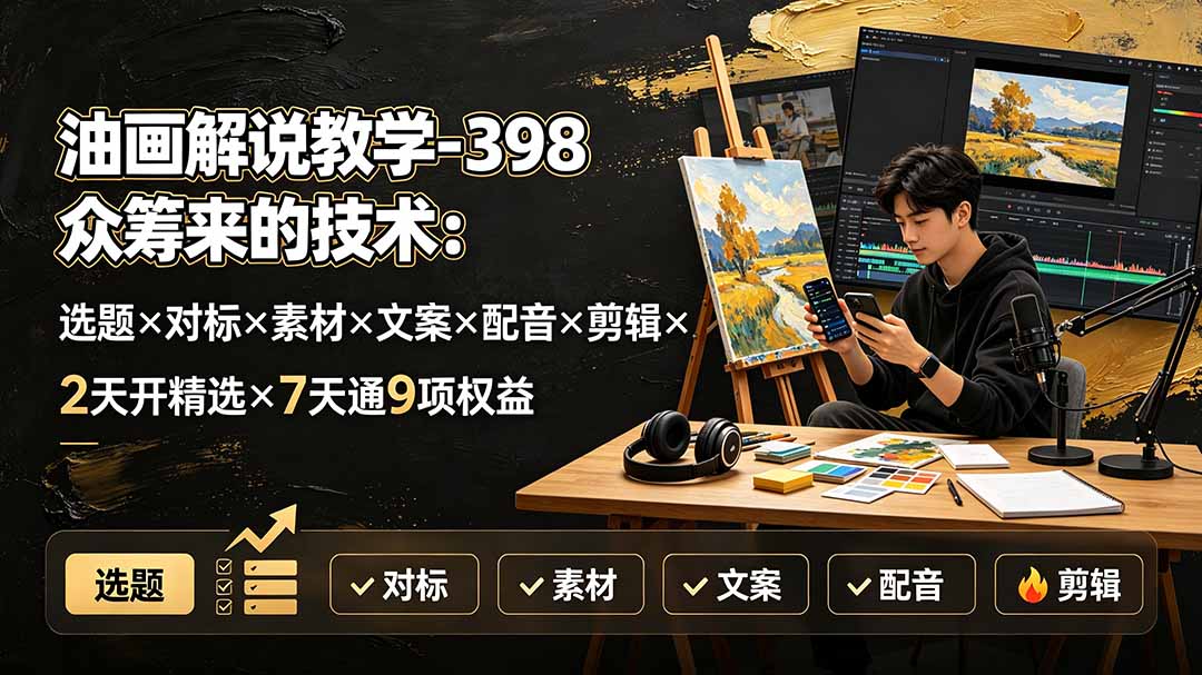 油画解说教学-398众筹来的技术：选题×对标×素材×文案×配音×剪辑×2天开精选×7天通9项权益-藏宝阁