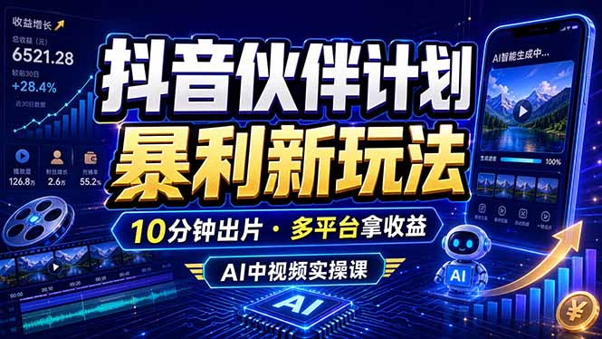 抖音伙伴计划最新玩法，无需配音剪辑，10分钟出一条原创视频，轻松日入三位数-藏宝阁
