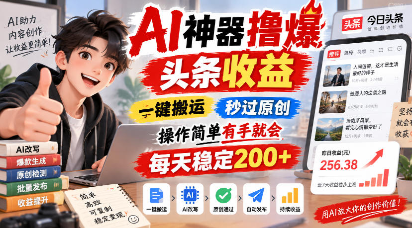 AI神器撸爆头条收益，一键搬运，秒过原创，操作简单有手就会，每天稳定200+【揭秘】-藏宝阁